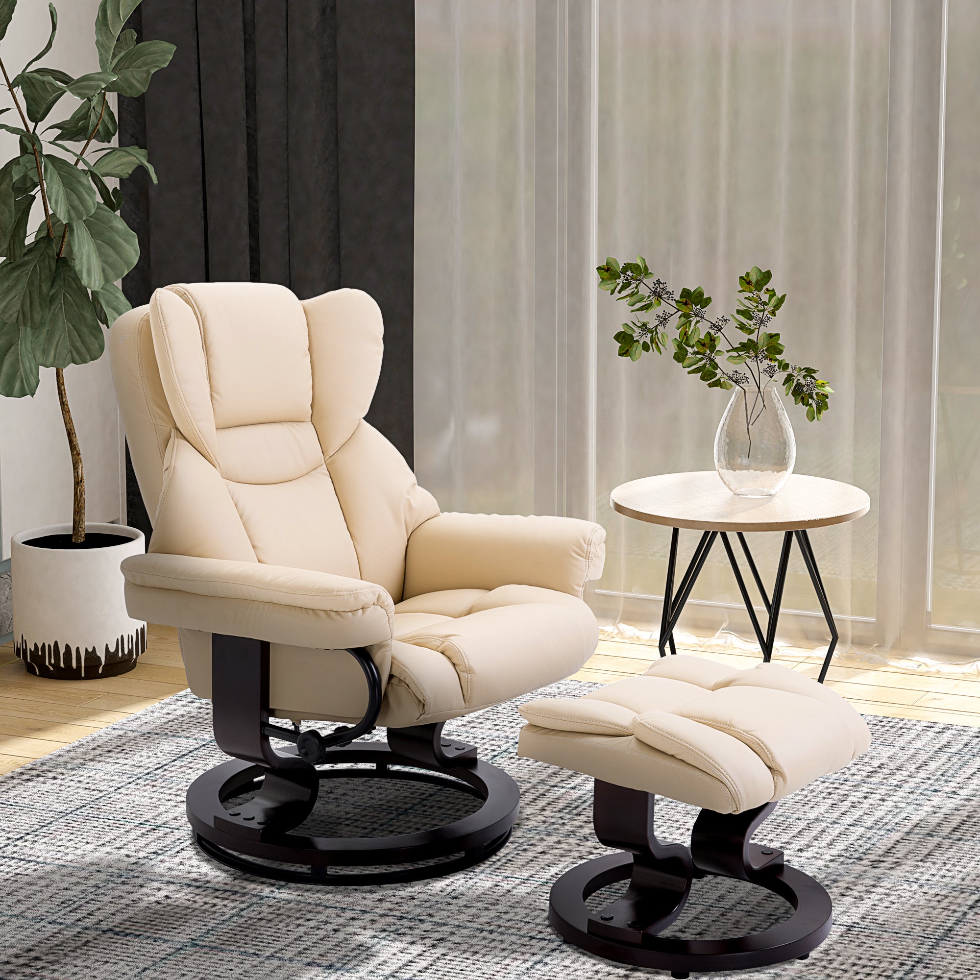 HOMCOM 360° Swivel Recliner Chair with Footstool, PU Leather Manual Recliner Armchair with Solid Wood Base, Upholstered Reclining Chair for Living Room, Bedroom, Office, Cream